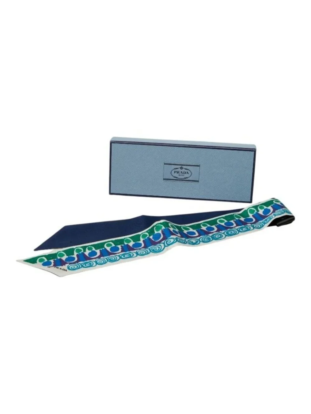 Prada Pitrescu Print Ribbon Scarf Blue Green Silk